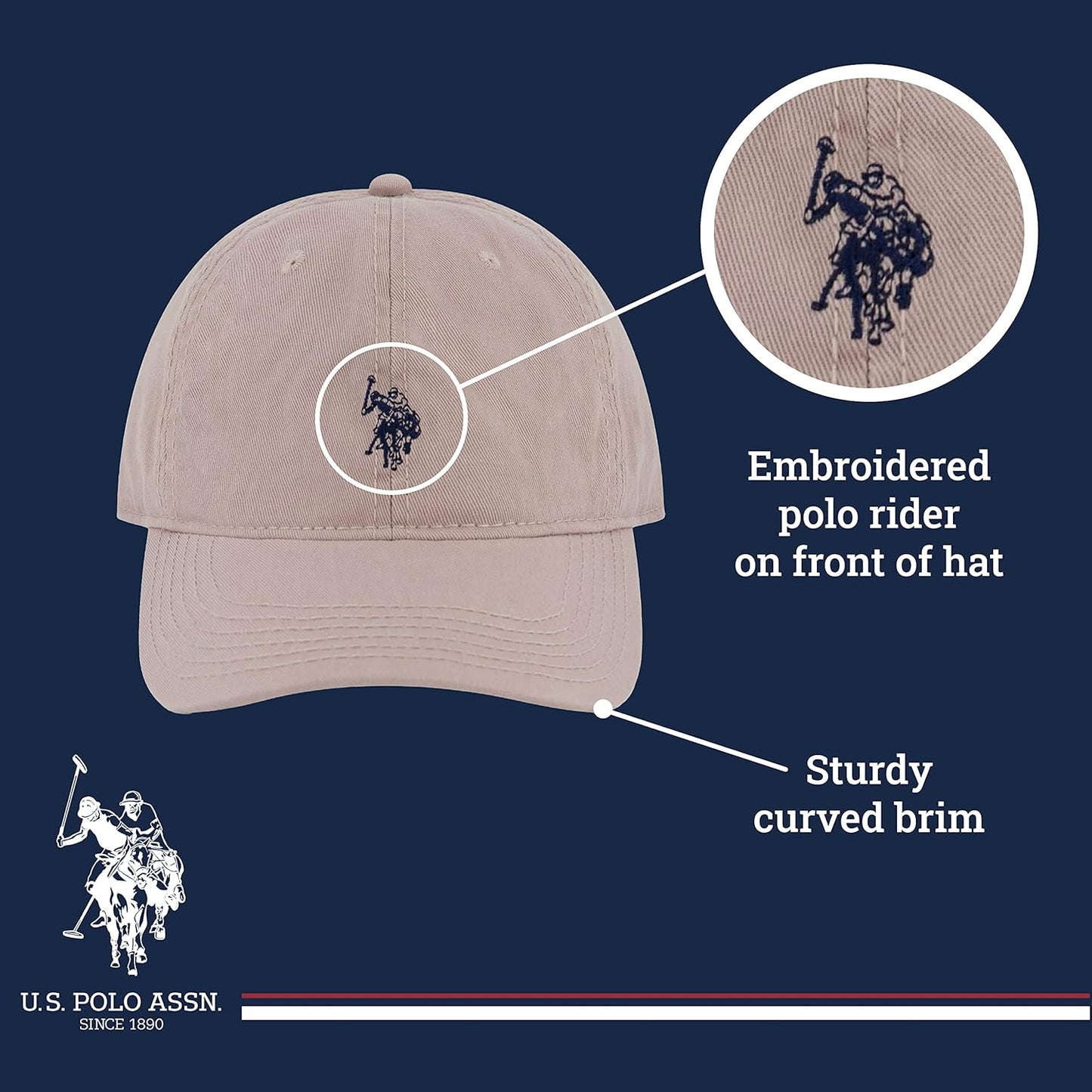 Mens Mens Washed Twill Cotton Adjustable Baseball Hat with Pony Logo and Curved Brimbaseball Cap