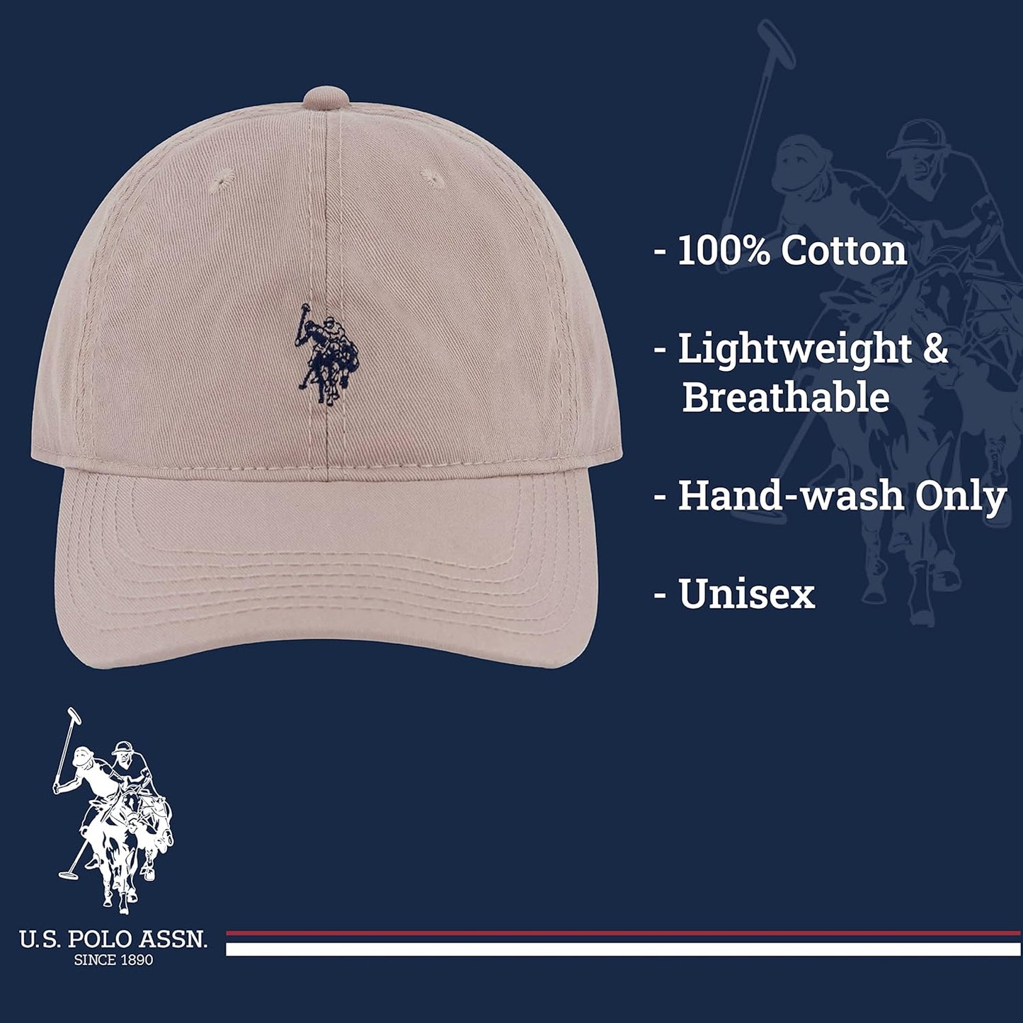 Mens Mens Washed Twill Cotton Adjustable Baseball Hat with Pony Logo and Curved Brimbaseball Cap