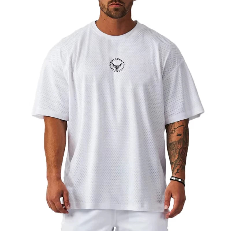 Oversized Loose Fashion Casual Hip Hop Shirt Mesh Quick Dry Men'S T-Shirt Gym Sports Fitness Running Training Short Sleeves Tees