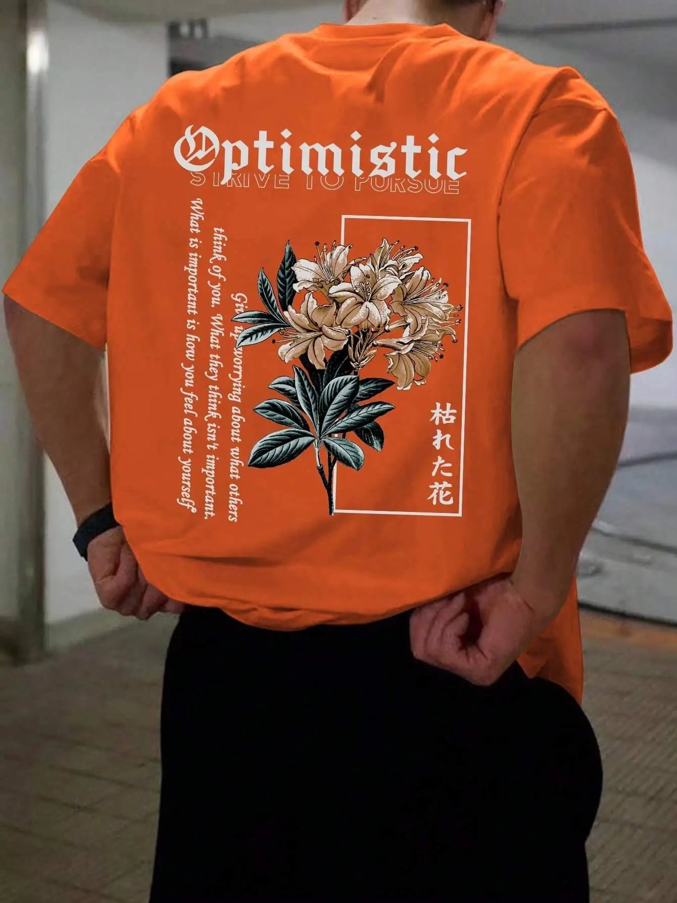 Optimistic Strive to Porsue Harajuku Flower Printing Male Tshirt Oversized Loose T Shirts Cotton T Shirts Breathable T-Shirts
