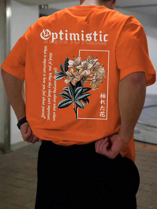 Optimistic Strive to Porsue Harajuku Flower Printing Male Tshirt Oversized Loose T Shirts Cotton T Shirts Breathable T-Shirts